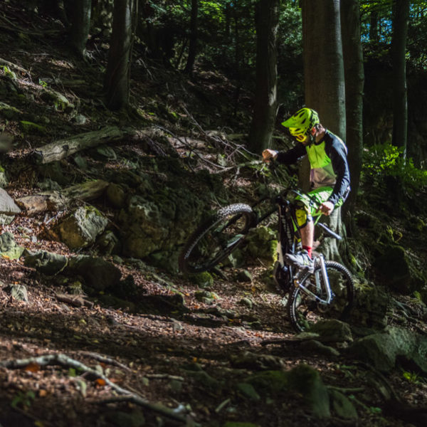 electric MTB in Welsh forest