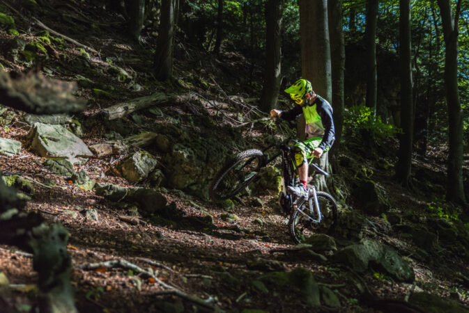 electric MTB in Welsh forest