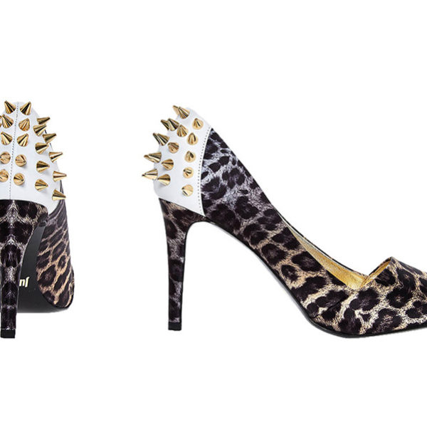 women's shoes, high heels with gold studded spikes on the back and in leopard print leather