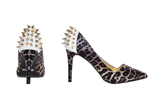 women's shoes, high heels with gold studded spikes on the back and in leopard print leather