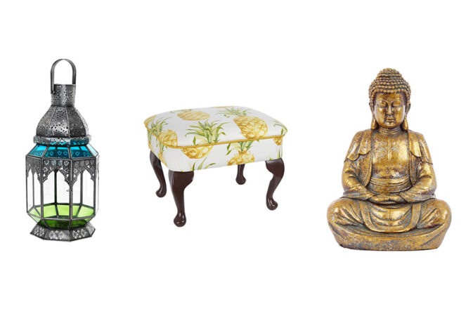 3 different products on white background Buddha statue, seat and lamp