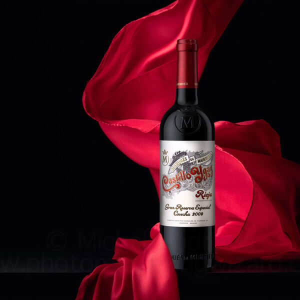product photographer Birmingham wine bottle Marques de Murrieta Castillo Ygay Rioja 2009 on black background with red cloth Spanish wines