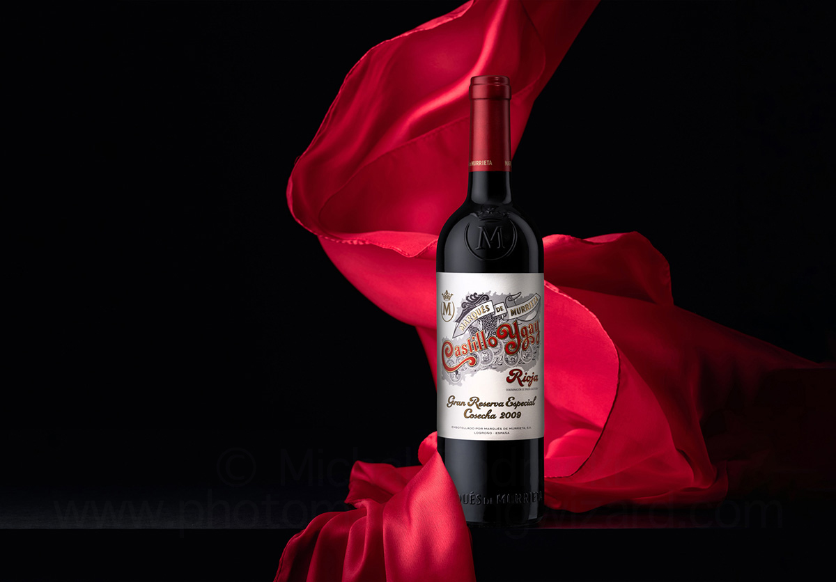product photographer Birmingham wine bottle Marques de Murrieta Castillo Ygay Rioja 2009 on black background with red cloth Spanish wines