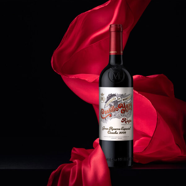 product photographer Birmingham wine bottle Marques de Murrieta Castillo Ygay Rioja 2009 on black background with red cloth Spanish wines