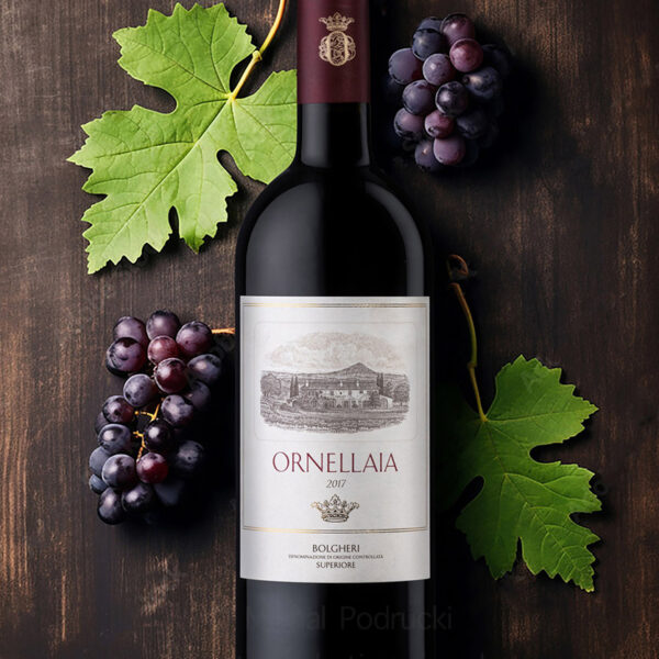 Ornellaia 2017 Bolgheri Superiore on a wooden table product photographer Birmingham commercial photography services