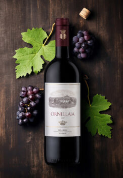 Ornellaia 2017 Bolgheri Superiore on a wooden table product photographer Birmingham commercial photography services