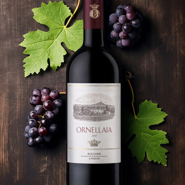 Ornellaia 2017 Bolgheri Superiore on a wooden table product photographer Birmingham commercial photography services