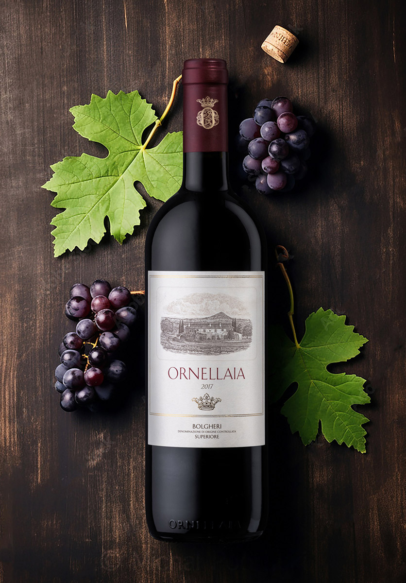 Ornellaia 2017 Bolgheri Superiore on a wooden table product photographer Birmingham commercial photography services